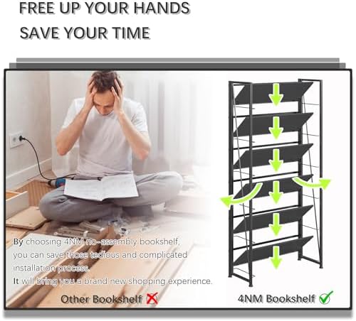4NM No Assembly Folding Bookshelf Book Shelves, 6-Tier 74"" H Colla...
