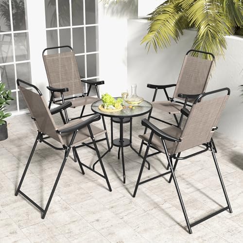 COSTWAY 4 Pieces Patio Folding Bar Chairs with Metal Frame, Footrest, Arms