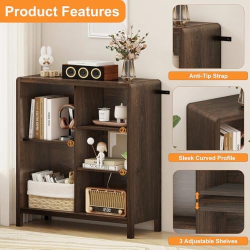 FATORRI 5 Cube Bookshelf, Wood Bookcase with 3 Adjustable Shelves, Farmhouse ...