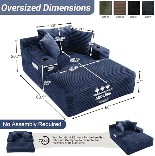 50" x 68" Corduroy Chaise Lounge, Cup Holders, Blue | Oversized cor...
