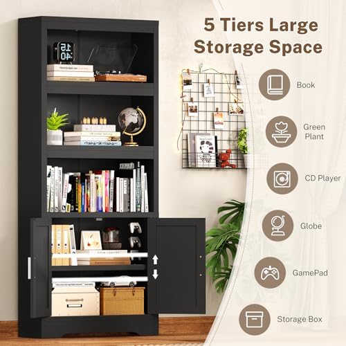 Book Shelf and Bookcase with Doors, 5-Tier Display Storage Cabinet with Adjus...