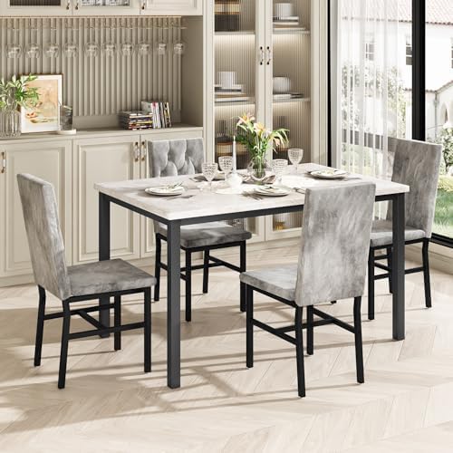 Hooseng Dining Table Set for 4, Faux Marble Small Kitchen Table Chairs Set of...