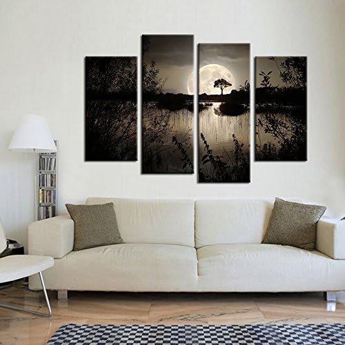 4 Pieces Canvas Prints Wall Art Big Moon over Lake in Dark Forest