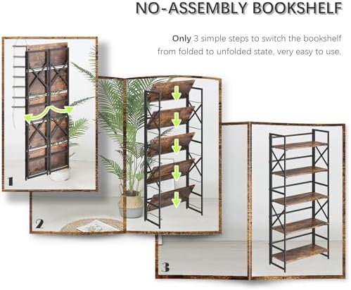 4NM 5 Tiers No Assembly Book Shelves, 51.2" H Folding Bookshelf Bookcase...