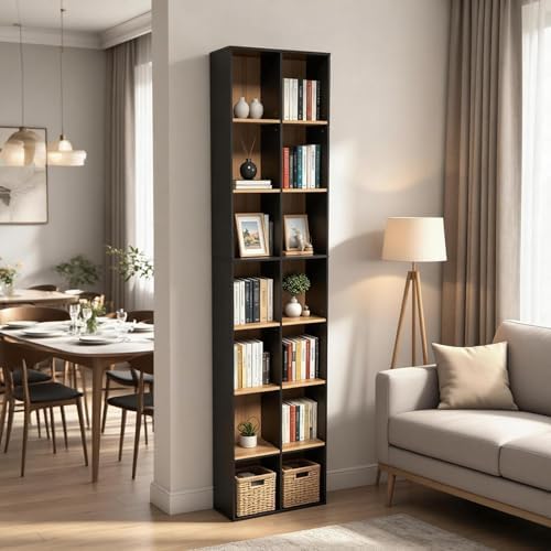71" Tall Shallow Bookcase DVD Storage Shelf, 14 Cubes 7 Tier Narrow Wide...