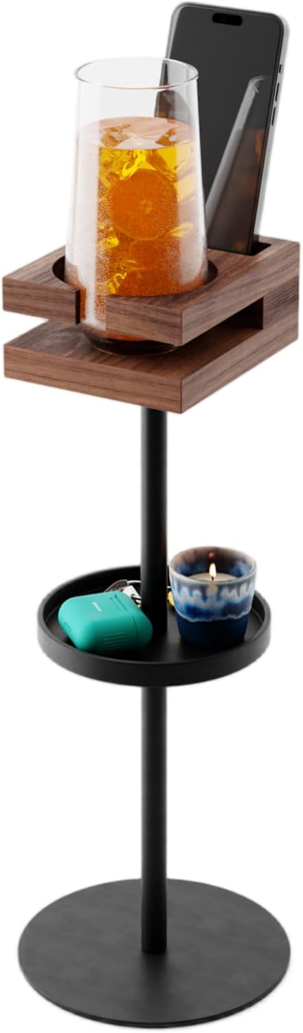 Drink Table for Small Spaces - Slim Pedestal Side Table with Real Wood Top &a...