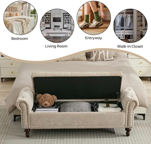 SOFTHION 58.1" Storage Bench for Bedroom, Chenille Cushion, Light Brown ...