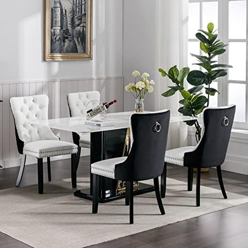 OVENTA Modern Tufted Upholstered Dining Chairs Set of 6, Black White Velvet a...
