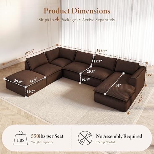 Vesgantti 7 Seater Sectional Couch, 141.7" Large Cloud Sofa, Brown | U S...