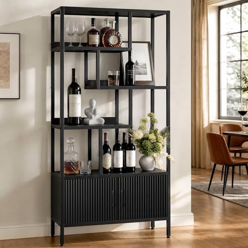 5-Tier Fluted Etagere Bookshelf Storage Cabinet Tall Bookcase Black