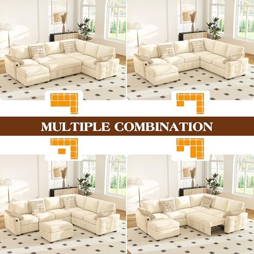 Ihanherry 106-inch Large L-Shaped Sectional Sofa Bed, 7-Seater Convertible Pu...