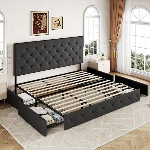 Allewie King Size Storage Bed Frame with 4 Underbed Drawers, Dark Grey