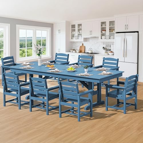 SERWALL 9Pcs 84" HDPE Outdoor Dining Set for 8 with Armchairs,Blue