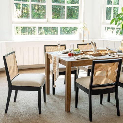 BESTANO Farmhouse Rattan Black Wood Dining Chairs Set of 4 with Cane Back