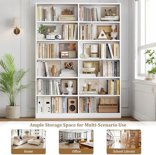 FACBOTALL Bookshelf Tall Bookcase, 6-Tier Double Wide Bookshelves, White