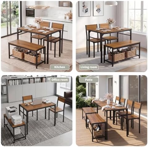 Dining Table Set for 4 with Bench, 4 Pieces Kitchen Table and Chairs, Space-S...