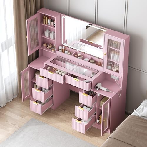 55" Vanity Desk with Mirror & Lights, Fluted Makeup Vanity with 8 Dr...