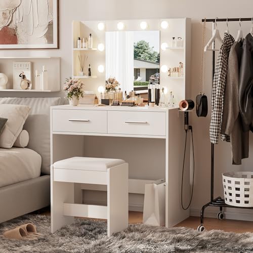 Furmax Makeup Vanity Desk with Mirror and Power Outlet, White | 3 Color Light...