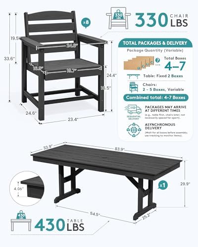 SERWALL 9Pcs 84" HDPE Outdoor Dining Set for 8 with Armchairs,Black