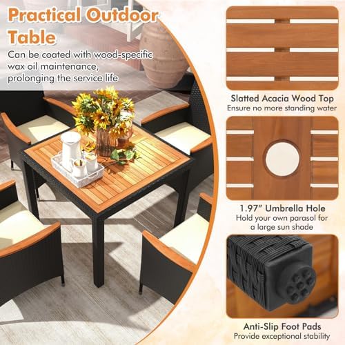 Tangkula 5 Pieces Rattan Outdoor Dining Set for 4, Outdoor Acacia Wood Table ...