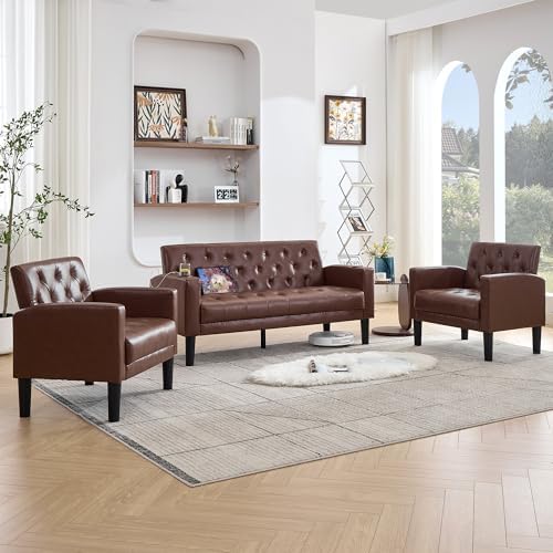 62'' Leather Loveseat Sofa Set with Chairs, 3-Piece Living Room Furni...
