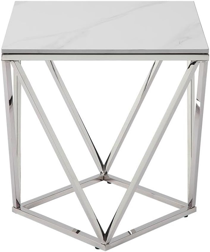 Pemberly Row Contemporary End Table, Stainless Steel Frame, Silver Finish, Wh...