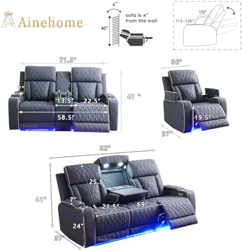 A Ainehome Sanded Leather Power Recliner Sofa Set with LED, 3 Pieces Living R...