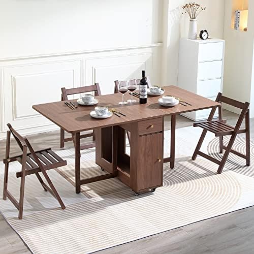 COMUHOME Drop Leaf Folding Dining Table with Storage, Wheels, Space Saving