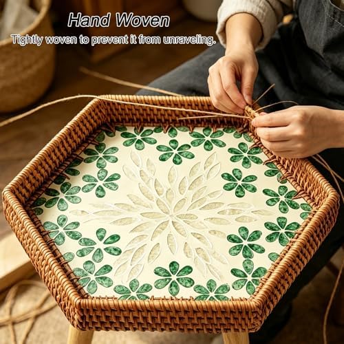 Hand Woven Rattan Serving Tray Table with Wooden Legs, Stylish Low Table for ...