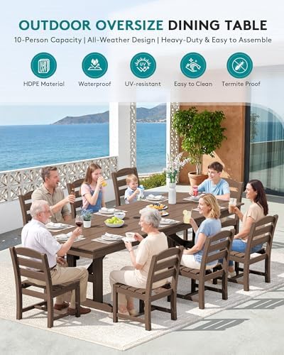 SERWALL 9Pcs 84" HDPE Outdoor Dining Set for 8 with Armless Chairs,Brown