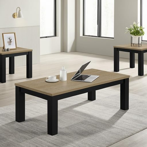 Brown Black 3-Piece Living Room Table Set Table Top Cocktail Table and Two