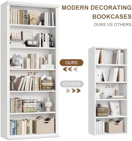 Rresyet Bookcase and Bookshelves, 28" W Tall Bookshelf, White
