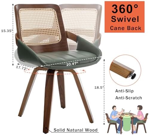 Set of 4 Green Rattan Dining Chairs - Mid Century Modern Dining Chairs with W...