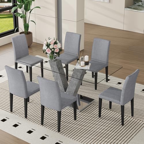 71" Glass Dining Table Set for 6, 7-Piece Glass Dining Table Set with Ch...