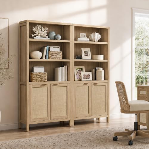 SICOTAS 71" Tall Bookcase 5 Tier Rattan Bookshelf with Doors for Library