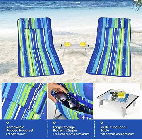 GIANTEX 2 Pack Folding Beach Chairs with Side Table, Stripe