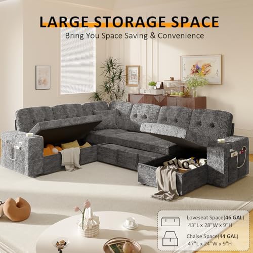 Modular Sectional Sleeper Sofa with Pull Out Bed, 108 Inch U Shaped 7 Seat Co...