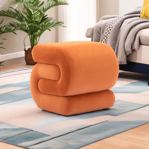 FOXHUNTER S Shape Modern Pouf Ottoman Vanity Stool, Velvet Orange | Footstool...
