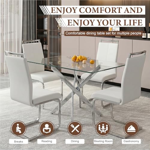 5 Piece Glass Dining Table Set for 4, Modern Tempered Glass Top Kitchen Table...