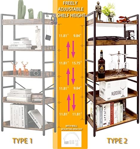 HCHQHS Adjustable 5 Tier Open Bookcase, Rustic Farmhouse Book Shelves, Indust...