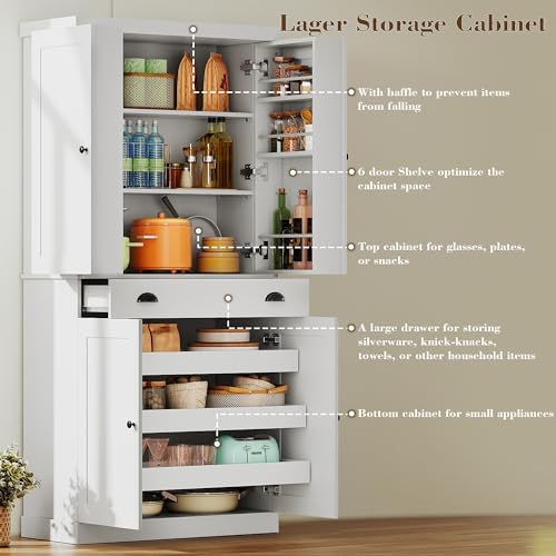 IRONCK 72" Kitchen Pantry Cabinet with Drawer and Sliding Racks, White |...