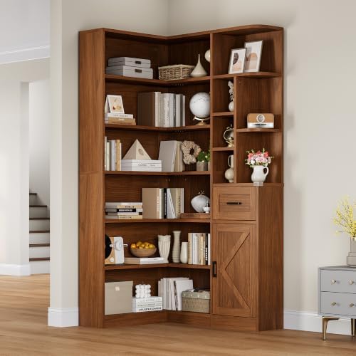 Garvee 74'' Tall Corner Bookshelf- 6-Tier Book Shelf with Drawer &...