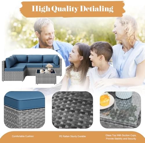 Vongrasig 5 Pieces Patio Furniture Set with Cushion, Glass Table, Navy Blue