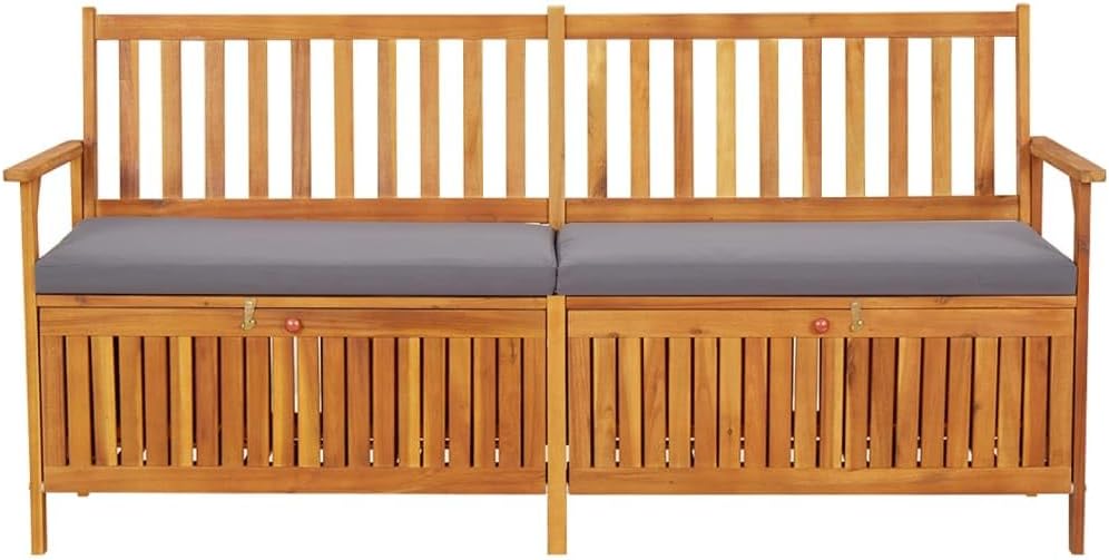 Black Acacia Wood Storage Bench Rectangular, 67 in Outdoor Storage Bench with...