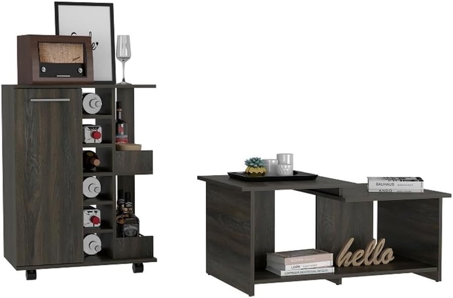 Pemberly Row 2-Piece Living Room Set, Bar Cart and Coffee Table, Espresso-Fin...