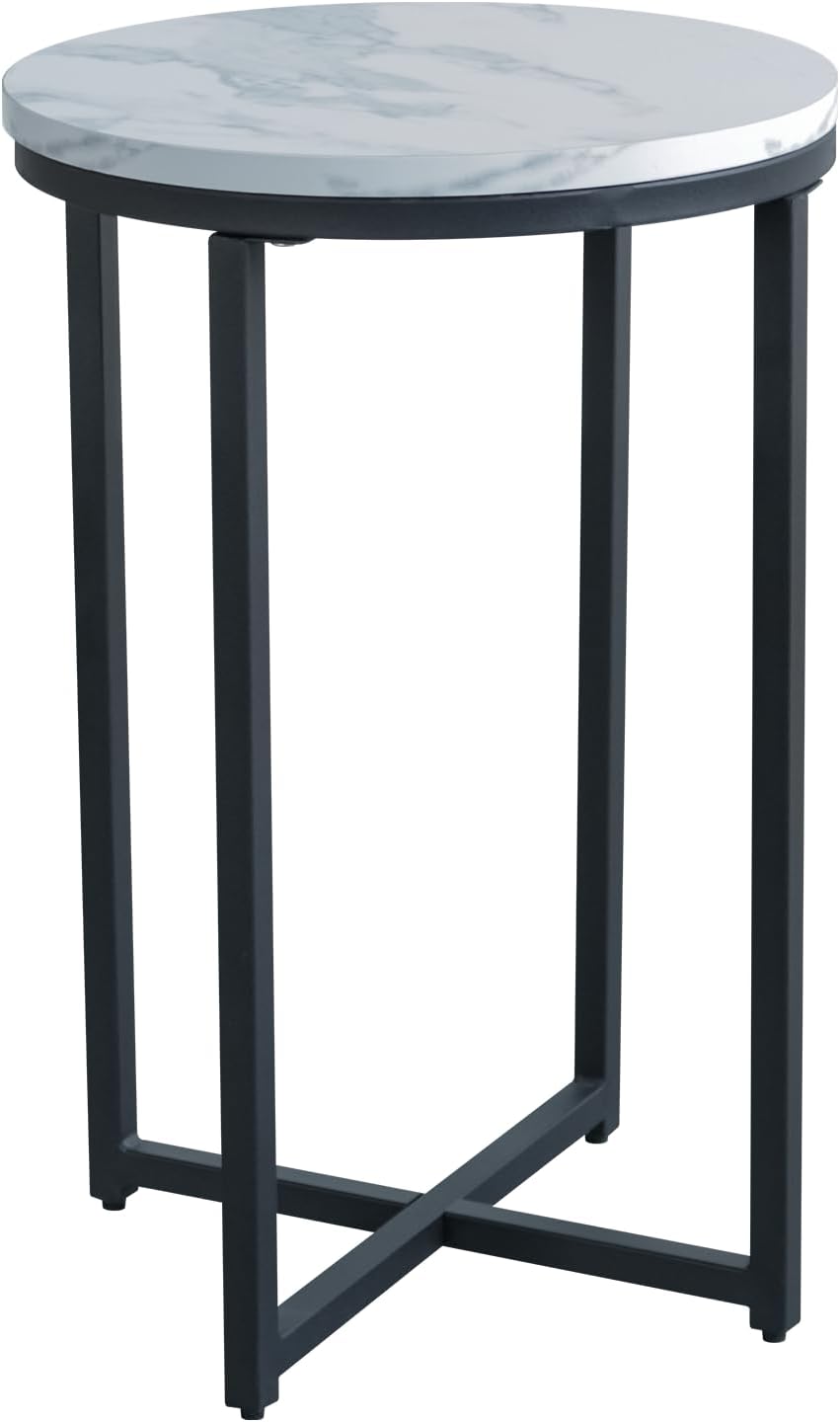 Modern Side Table with Faux Marble MDF Top, Black Metal X-Base, Compact End T...