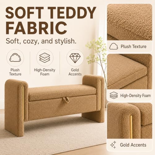 52" Upholstered Storage Bench, Brown, Armrests, Wood Frame | Mid-century...