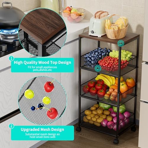 HapiRm Fruit Basket Kitchen Cart - 4-Tier Rolling Storage Cart with Wheels, F...