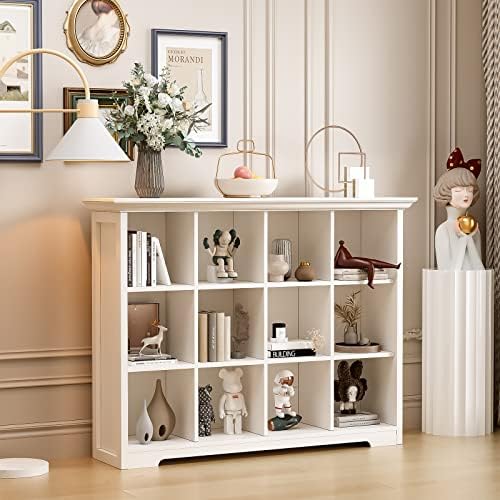 OSCHF 12-Cube Open Bookcase with Base, 3-Tier Wooden Bookshelf, White