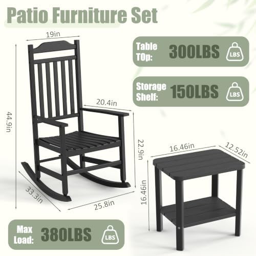 EFU Outdoor Rocking Chairs Set of 2 with Side Table, Weatherproof Furniture